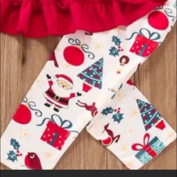 3 piece Christmas outfit.  Red top, Santa & Christmas tree leggings & scarf - Picture 3 of 12